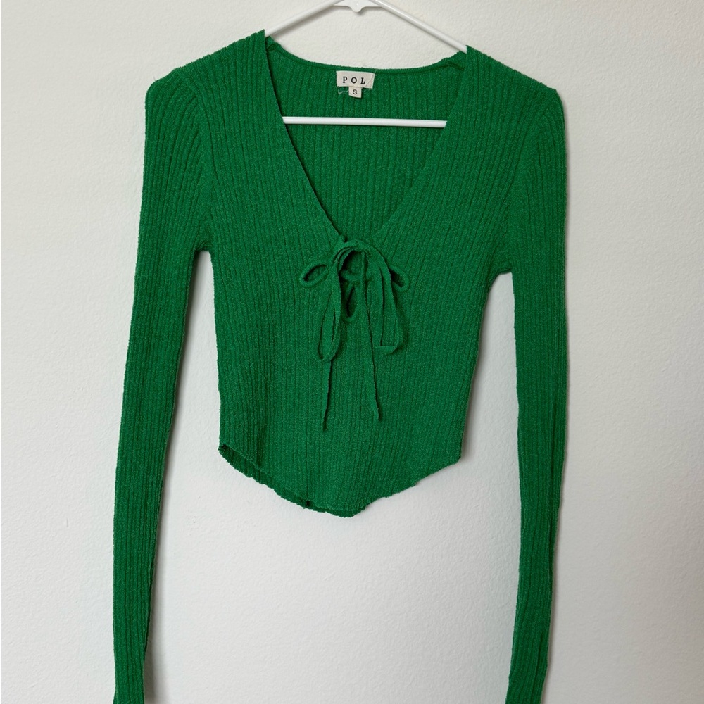 POL Green Ribbed V-Neck Tie-Front Long Sleeve Top